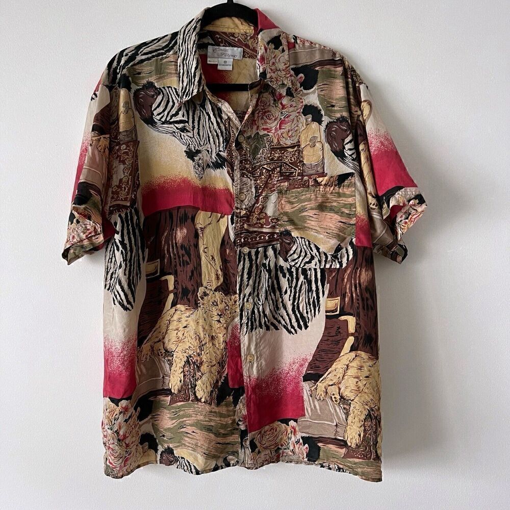 Vintage Hawaii Silkyway Men's Top Size M Safari Lion Zebra 100% Washable Silk